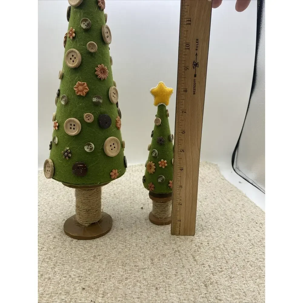 Set Of Two Crafted Button Christmas Trees. Cloth, Buttons, And Wood